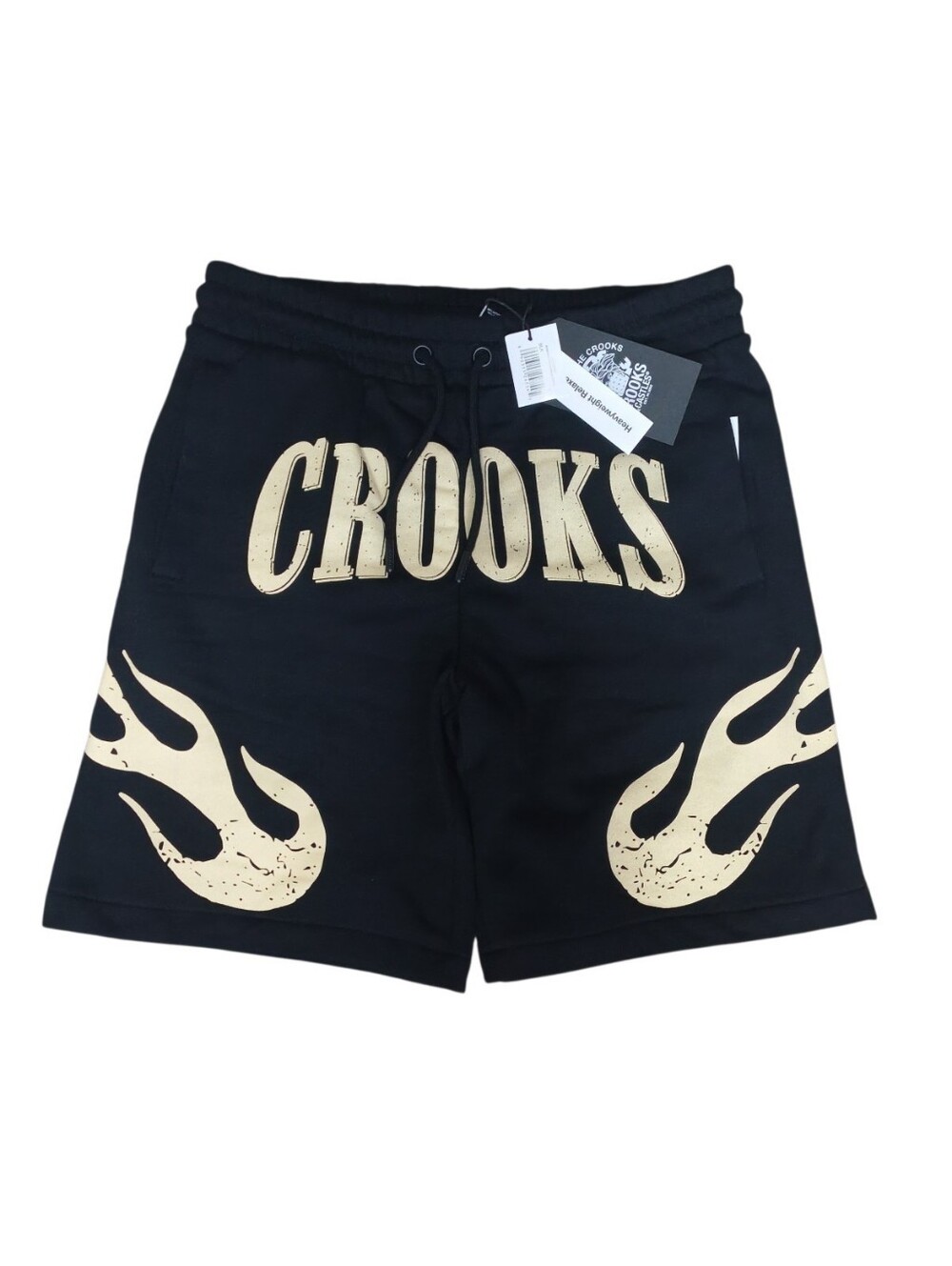 Crooks & Castles Black Shorts with Cream Flame Logo